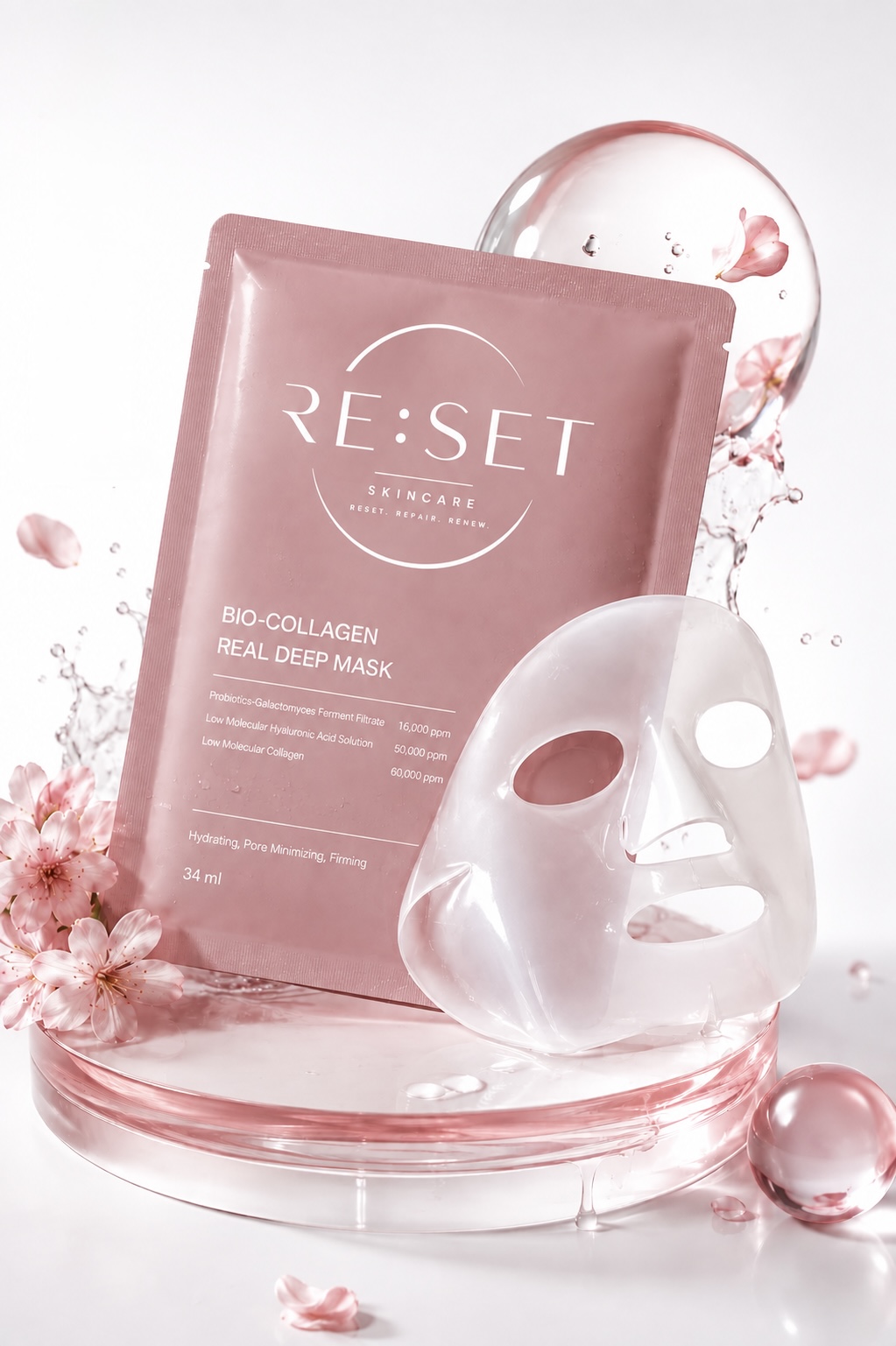 RE:SET Bio-Collagen Real Deep Mask, pink sheet mask packaging shown with a hydrogel mask and water droplets
